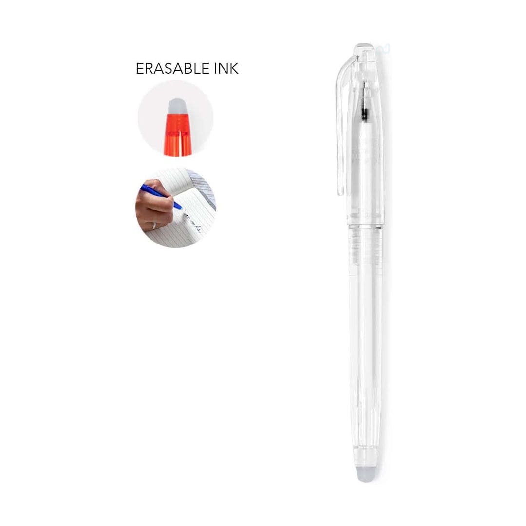A clear pen with erasable ink, featuring a white barrel and a coloured tip, alongside demonstration images. Ludrick Erasable Pen - Image 1