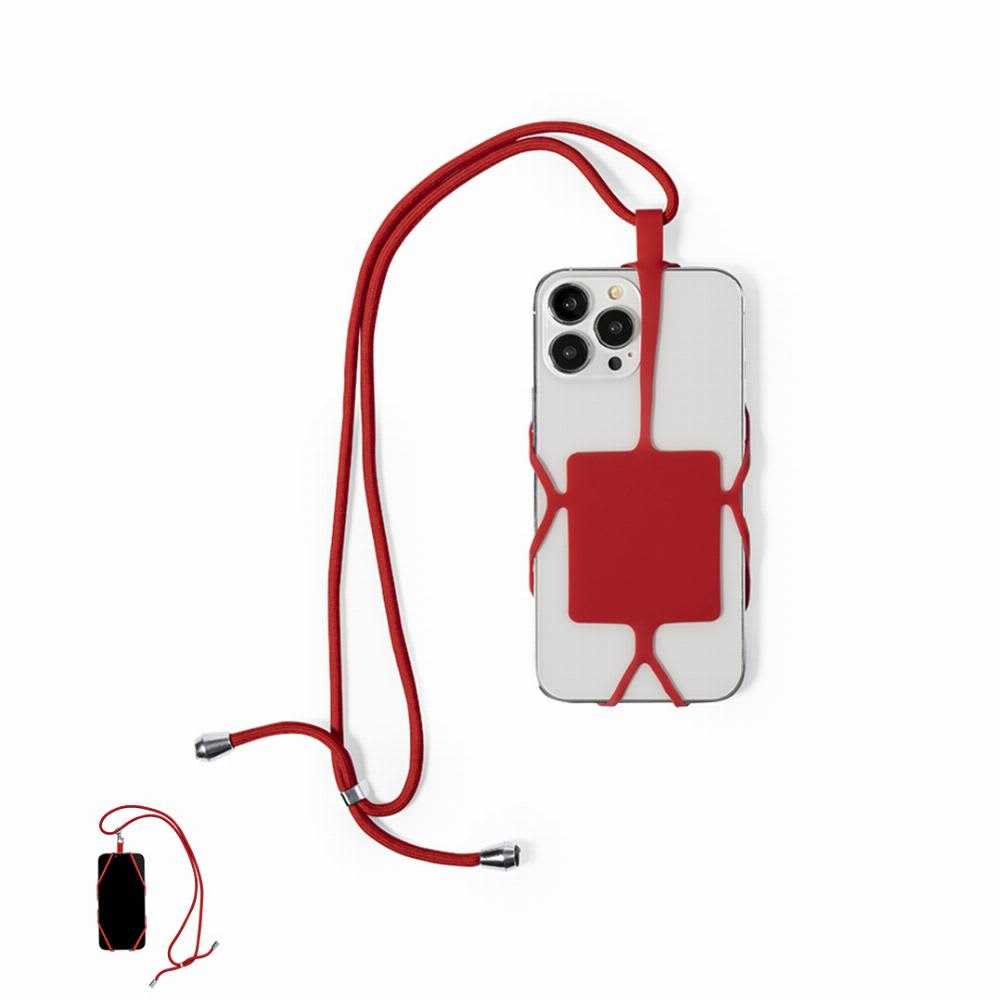 A phone case with a red strap, designed for carrying the device around the neck. The case features a logo. Sebly - Image 1