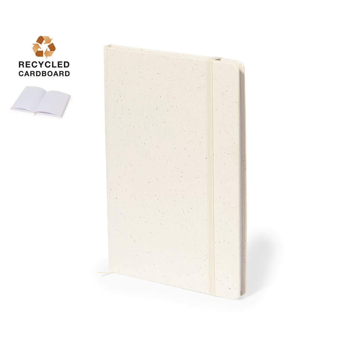A notepad made from recycled cardboard, featuring a cream colour and an elastic band closure. It includes a branding logo. Tempox Notepad - Image 1