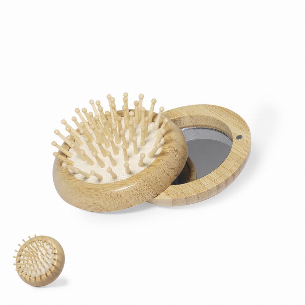 A hairbrush with wooden bristles and a circular mirror, both featuring a light wood finish. Bonnie - Image 1