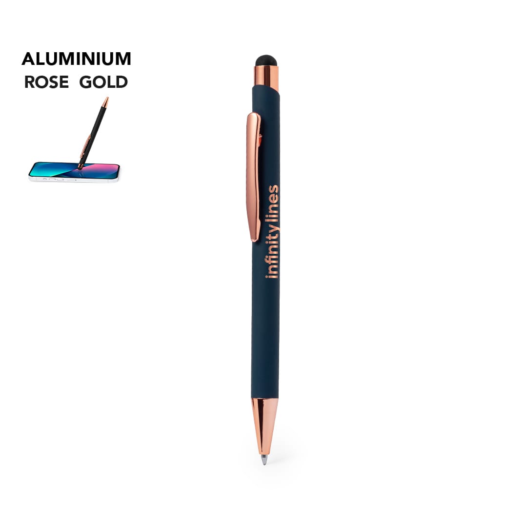 A pen with a rose gold clip and tip, featuring a navy blue barrel and a stylus at the end. It has a logo. Taulf - Image 1
