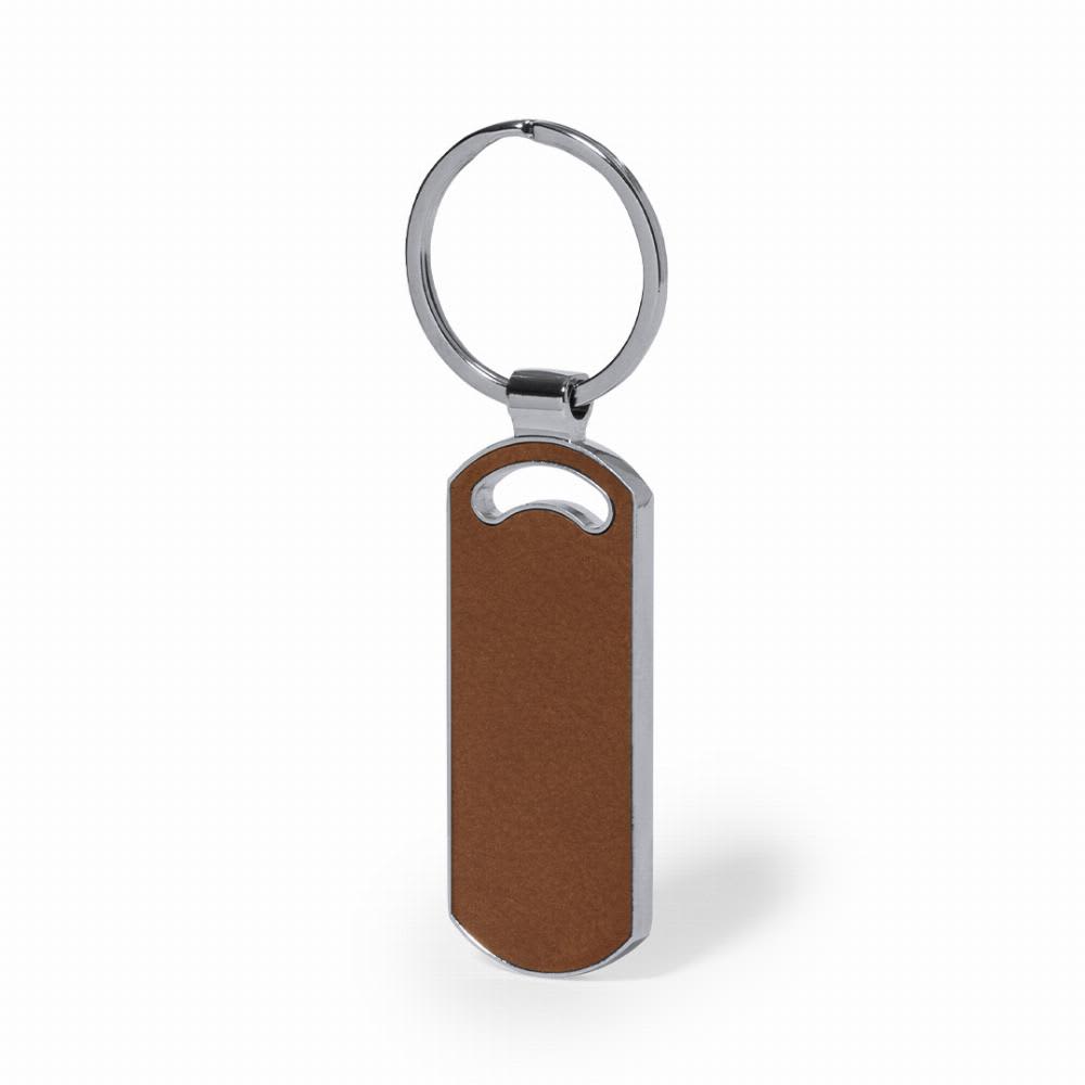 A keyring bottle opener featuring a brown and silver design with a smooth finish and circular attachment. Fostel - Image 1