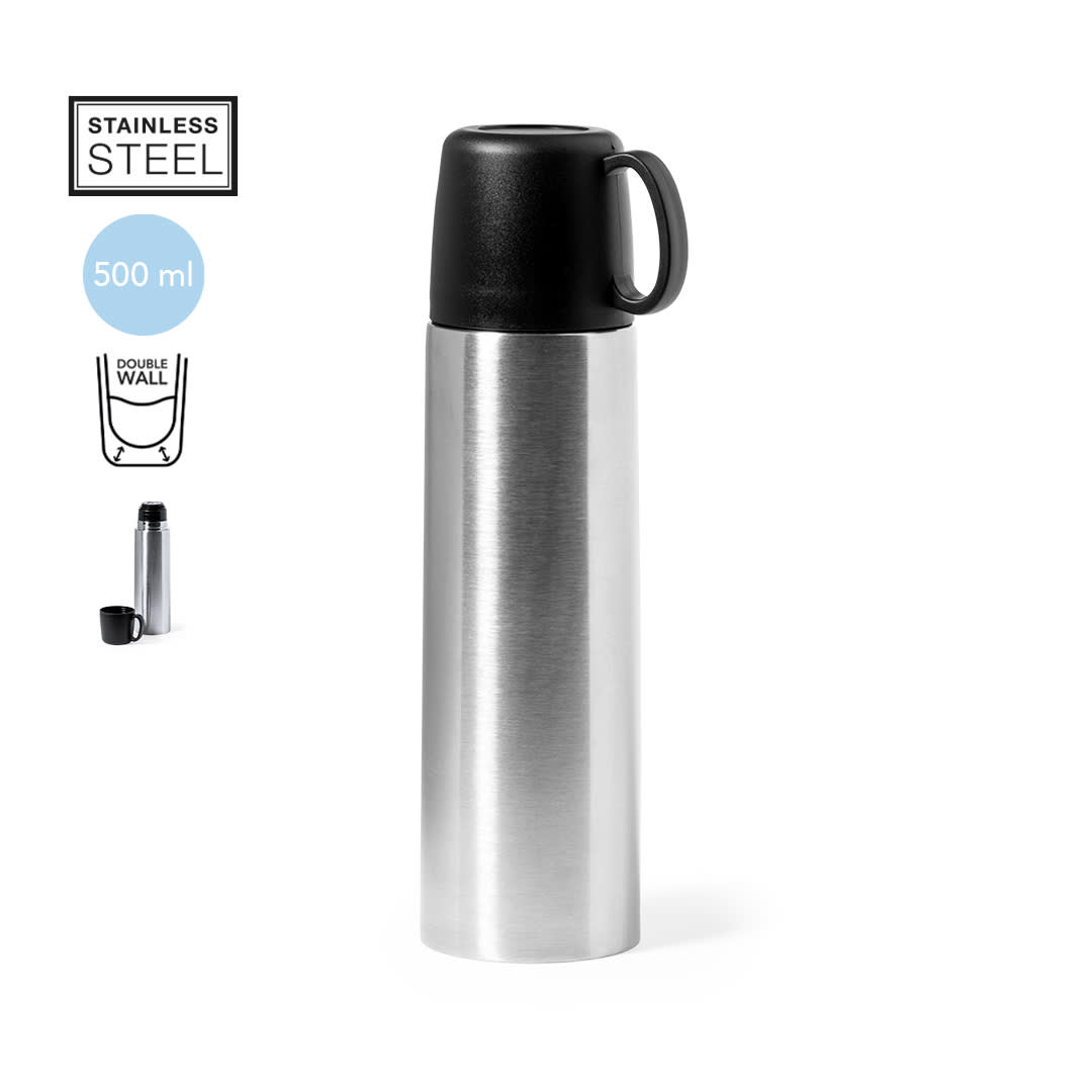 A drink bottle made of stainless steel with a sleek silver finish and a black lid, featuring a handle. Tibber Vacuum Flask - Image 1
