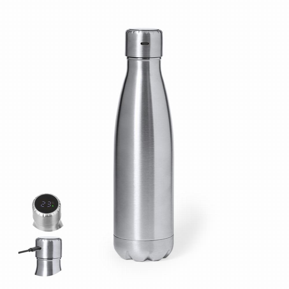 A drink bottle featuring a sleek stainless steel design with a digital temperature display and a silver finish. Chuck - Image 1