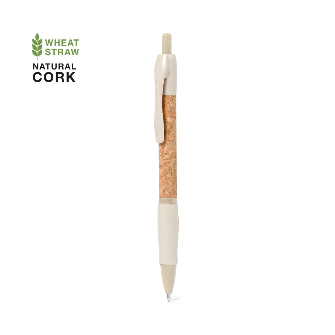 A pen with a natural cork barrel, cream accents, and a logo, designed for writing. Ankor Pen - Image 1