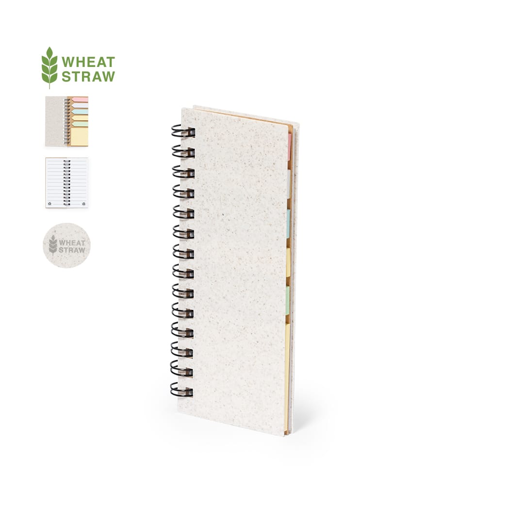 An eco-friendly notepad with a speckled beige cover, spiral binding, and multicoloured tabs at the top. Sorduk Sticky Notepad - Image 1