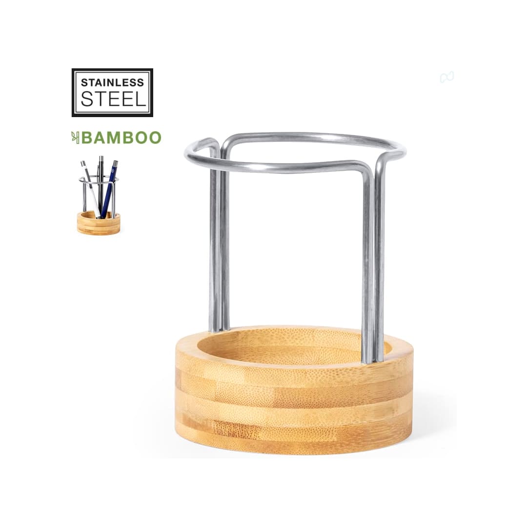 A bamboo pencil holder with a stainless steel ring, designed for organising pens and stationery. Oswin Pencil Holder - Image 1