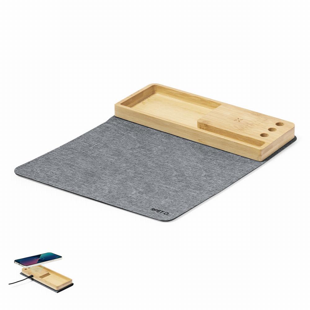 A grey desk mat with a wooden tray, featuring compartments for organising items and a space for charging devices. Hossian - Image 1