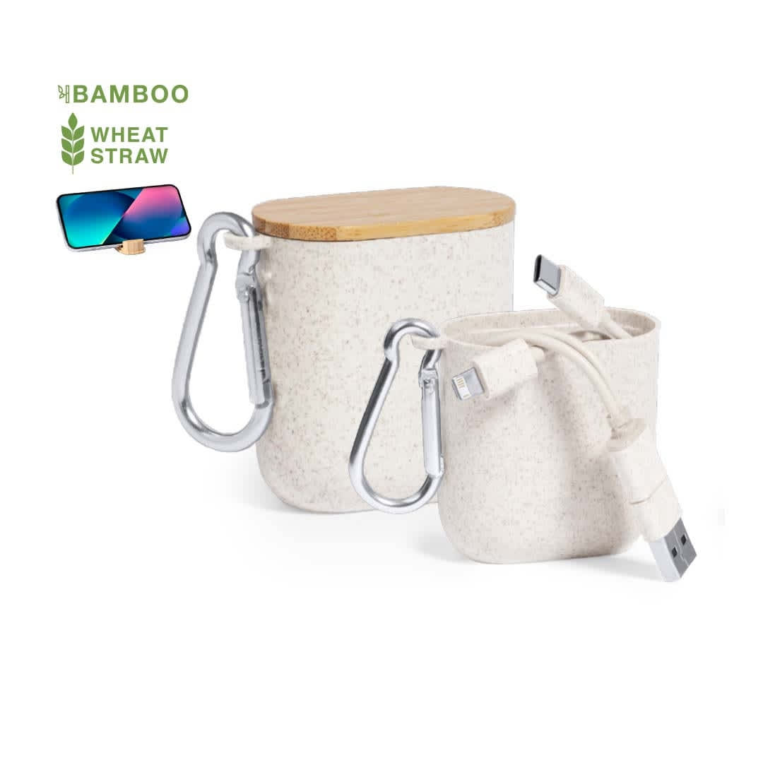 A USB charger with a wheat straw body and bamboo lid, featuring a silver carabiner. Brayce - Image 1