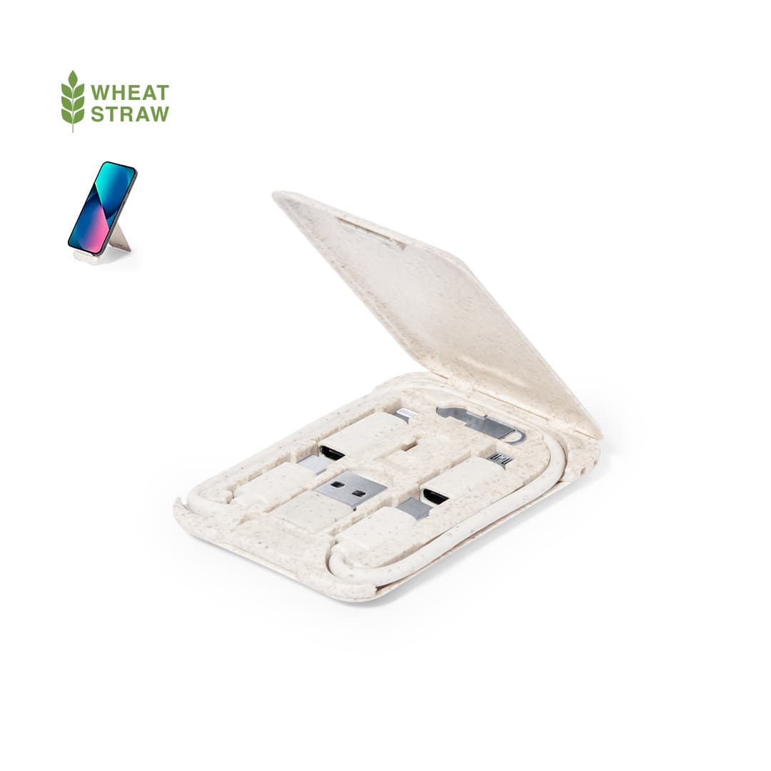 A phone stand with a built-in USB charging cable set, featuring a natural wheat straw material casing. Lee - Image 1