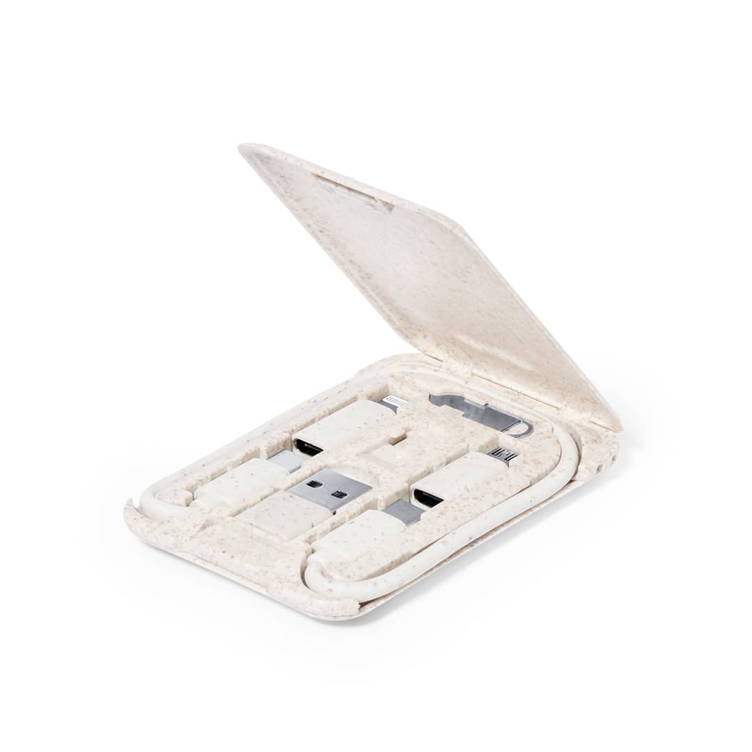 A charging cable set in a white case, featuring multiple connectors neatly arranged inside. Lee Charging Cable Set - Image 1
