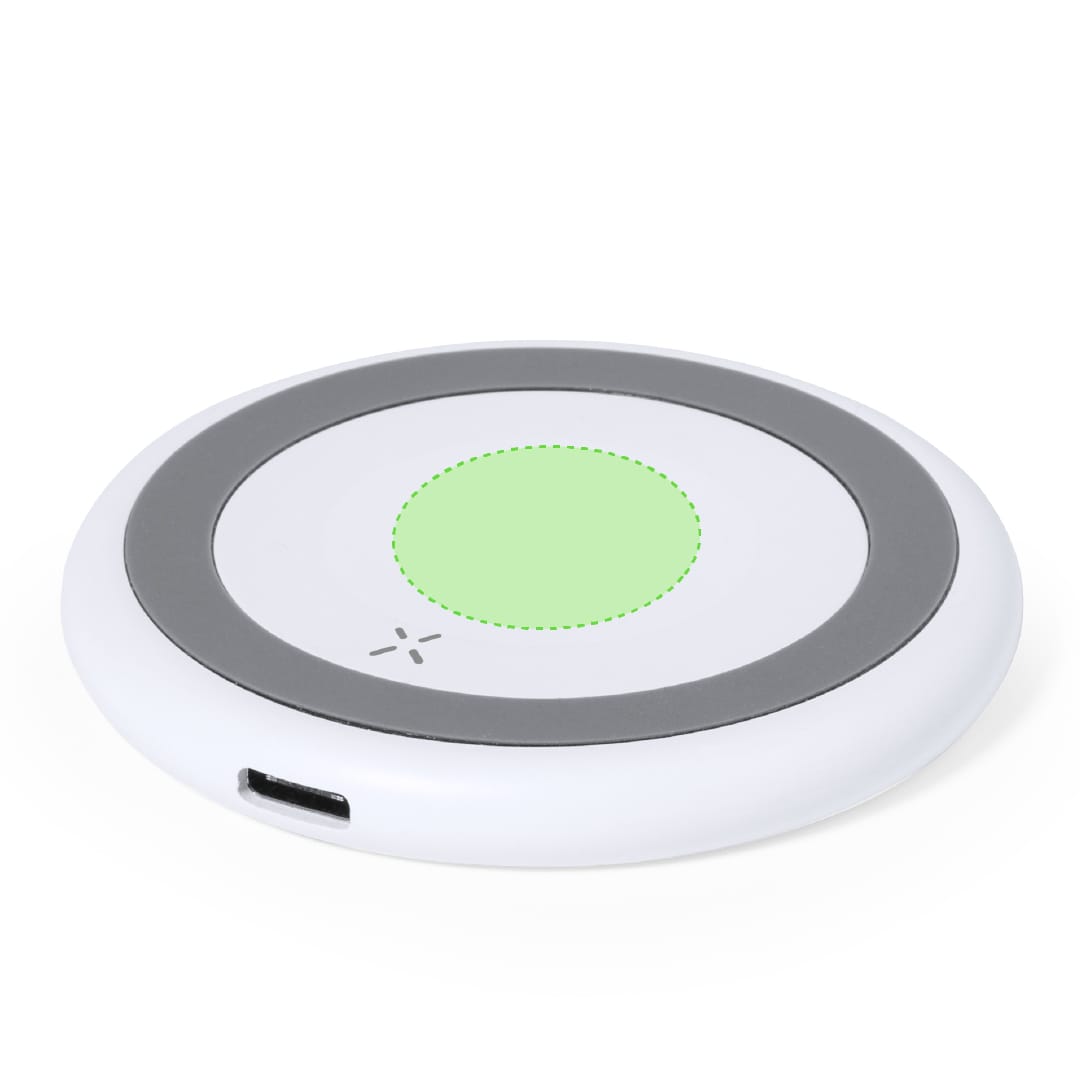 A round, white wireless charger with a grey border and a green indicator light. It has a port for charging. Joyce Charger - Image 1