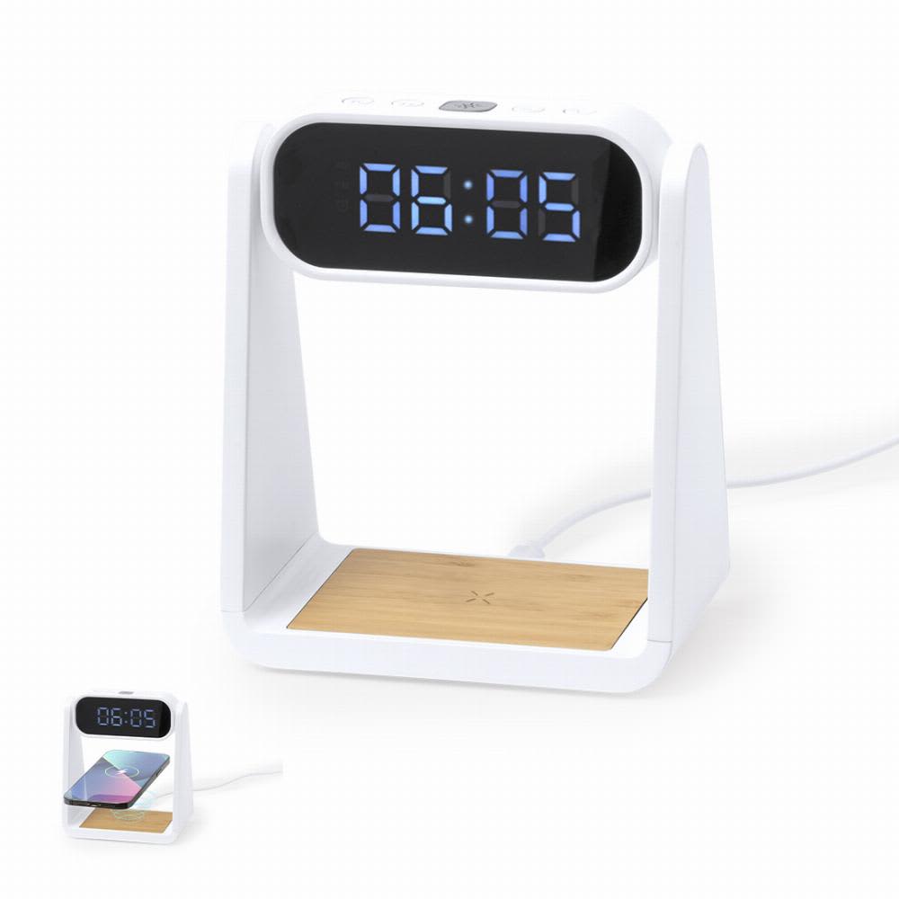 A digital alarm clock with a white frame and a wooden base, displaying the time in blue LED digits. Darret - Image 1