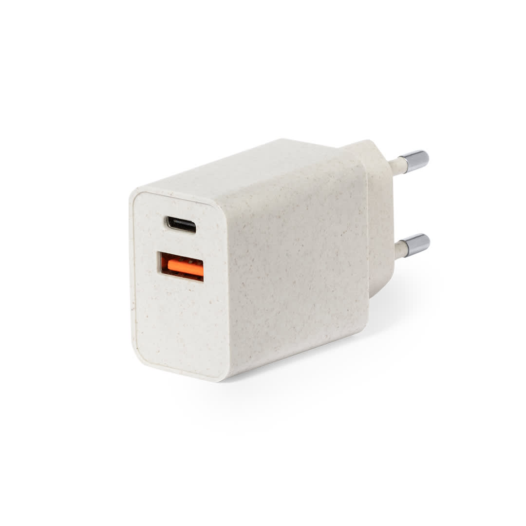 A USB charger in a white, textured finish with one USB-A port and one USB-C port, featuring a two-pin plug. Avery USB Charger - Image 1