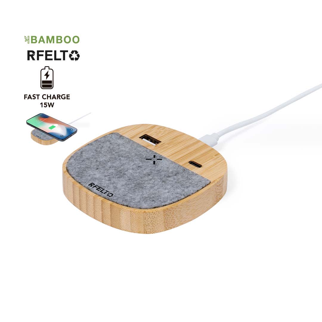 A wireless charger featuring a bamboo base and a grey felt pad, with a USB port for charging. Emerson Charger - Image 1
