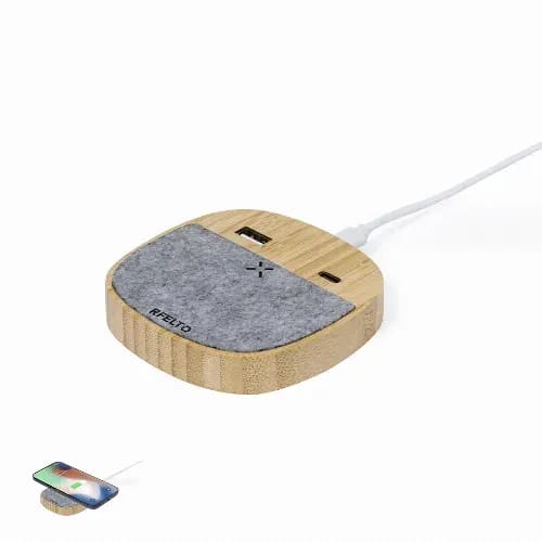 A wooden charging pad with a grey felt surface and two USB ports, connected by a white cable. Emerson - Image 1