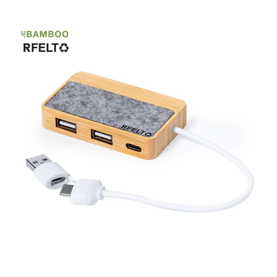 A bamboo USB hub with a grey felt top, featuring multiple USB ports and a white cable. It includes branding on the side. Barney USB Hub - Image 1