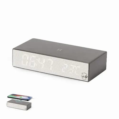 A sleek brown alarm clock with a digital display, featuring a wireless charging pad for smartphones. Barret - Image 1