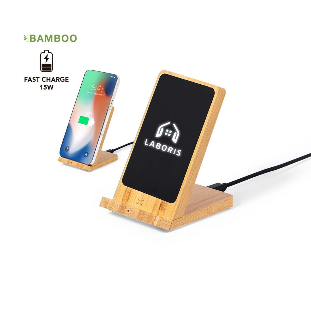 A wireless phone charger in bamboo with a sleek design, featuring a charging pad and stand for easy accessibility. Steward - Image 1