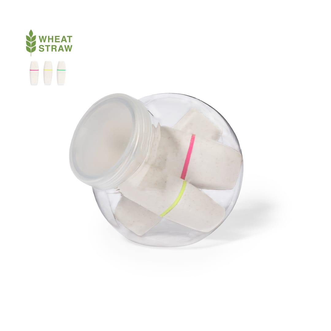 A transparent container holding several white highlighters with pink and green bands. The container has a lid. Toaren Highlighter Set - Image 1