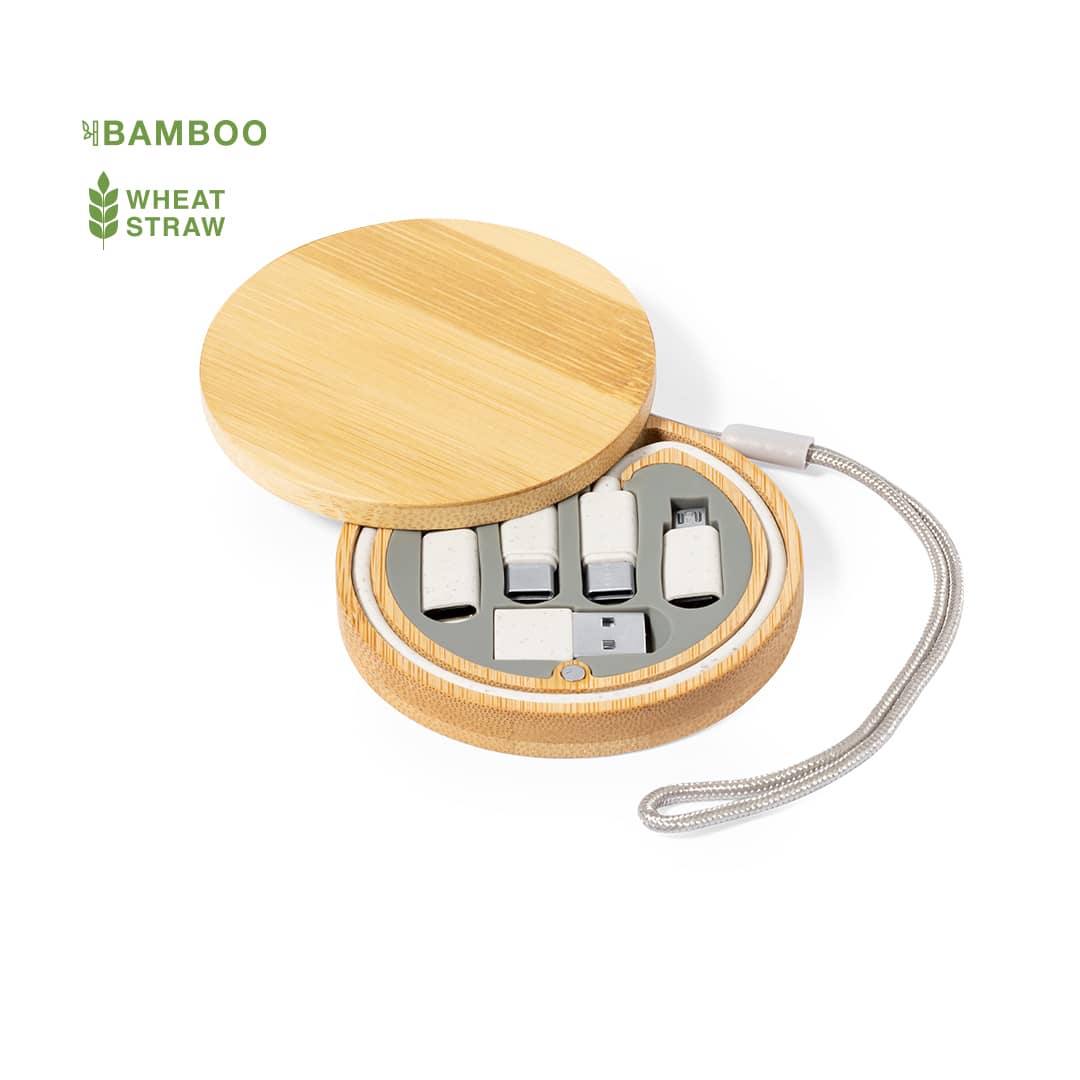 A round bamboo container holding various USB drives, featuring a wheat straw design and a detachable strap. Chaconix - Image 1