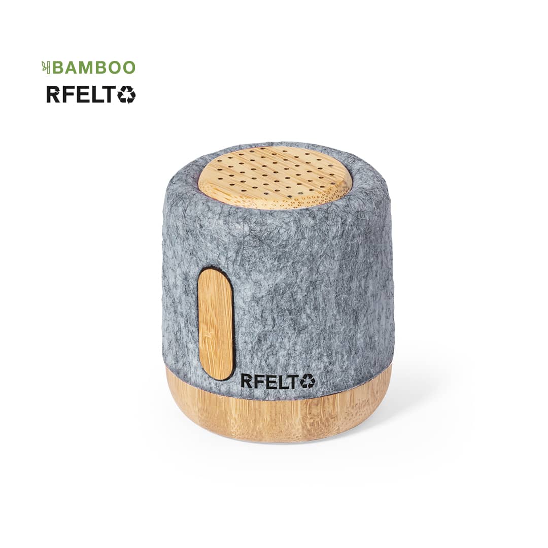 A grey and bamboo speaker with a cylindrical shape and perforated top. It features a logo on the front. Boitok - Image 1