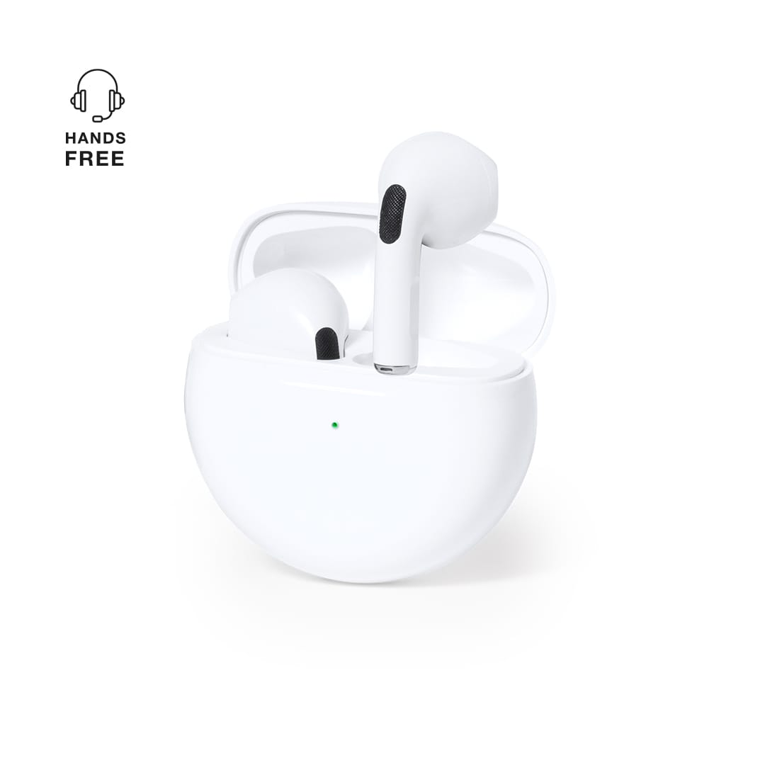 White Shima Earphones in a charging case, featuring a logo on the case lid. Shima Earphones - Image 1
