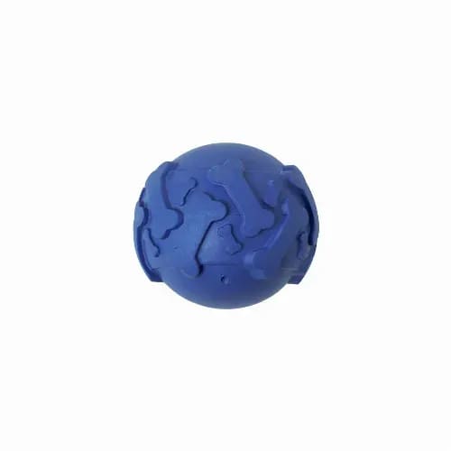 A rubber dog toy in a blue colour, shaped like a ball with raised bone patterns on its surface. Bigel - Image 1