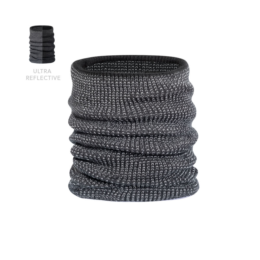 A grey neck warmer with a textured design and a reflective option displayed alongside. Dolberg Neck Warmer - Image 1