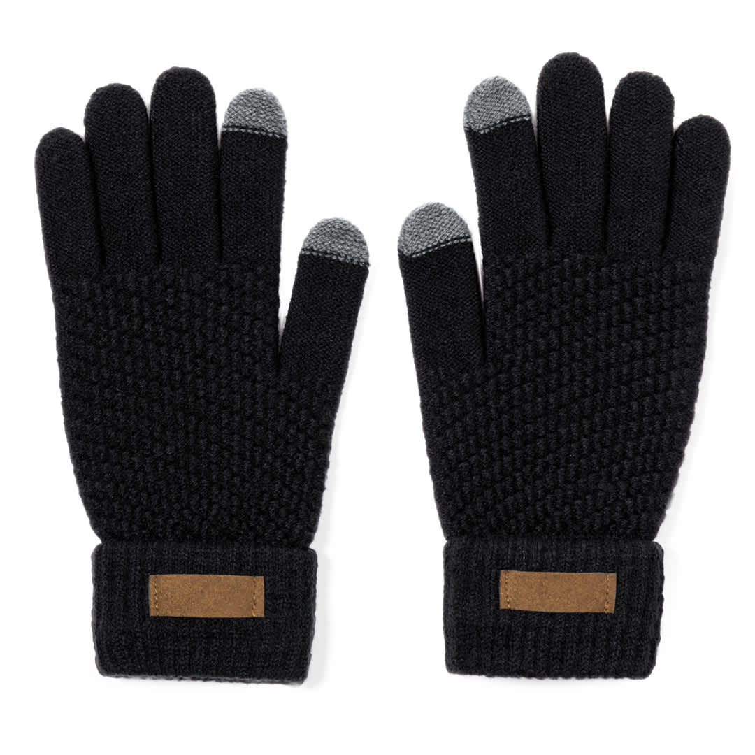 A pair of black knitted touchscreen gloves with grey tips and a brown label on the cuff. Demsey Touchscreen Gloves - Image 1