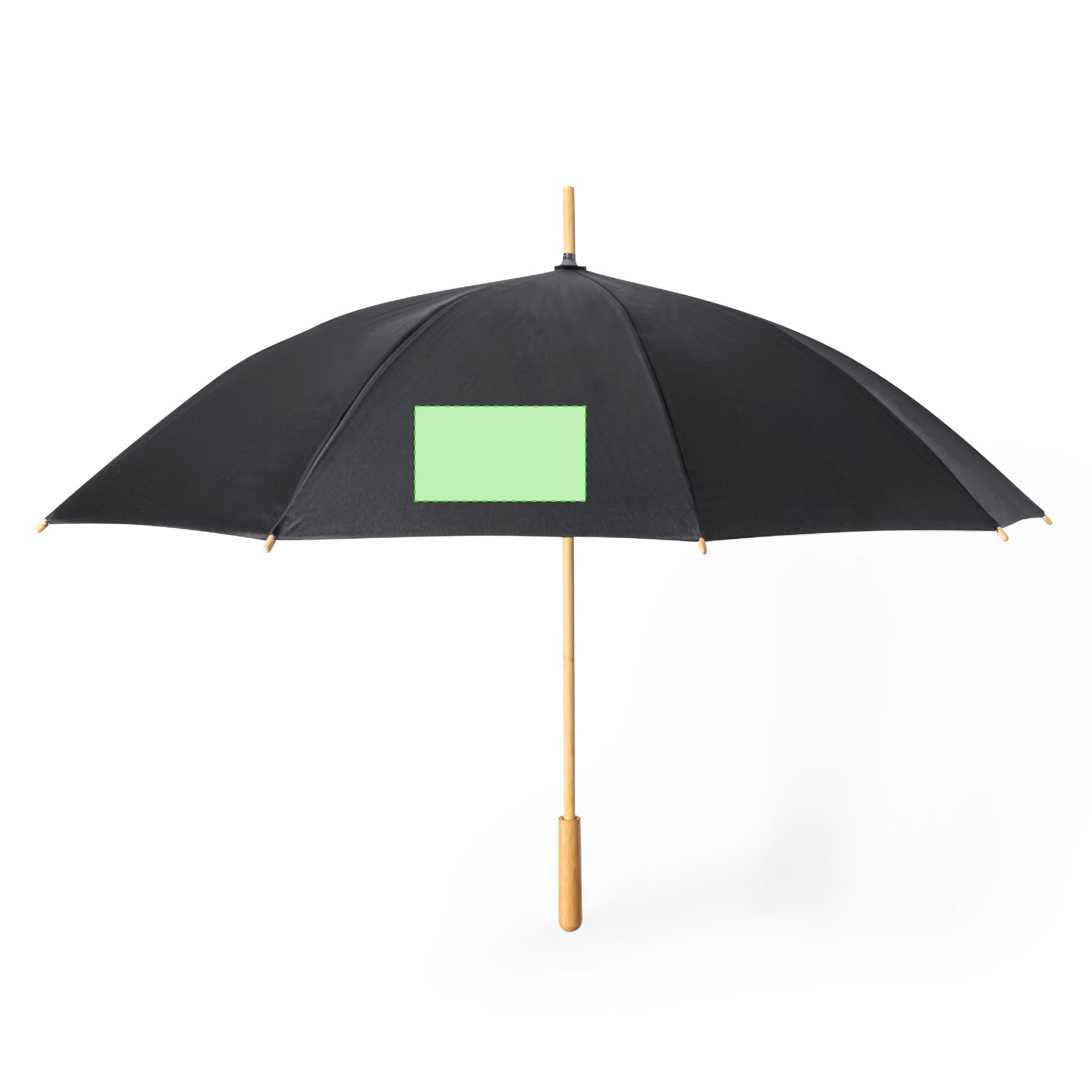 A black umbrella with a wooden handle and a branding area on the canopy. Gotley Umbrella - Image 1