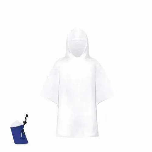 A white poncho with a hood, alongside a small blue storage pouch. The poncho is lightweight and designed for easy wear. Claytop - Image 1