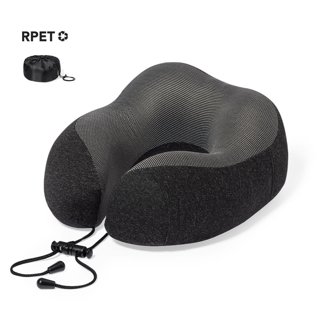 A black and grey Blaiser Pillow with a textured pattern and drawstring closure. Features a branding logo. Blaiser Pillow - Image 1