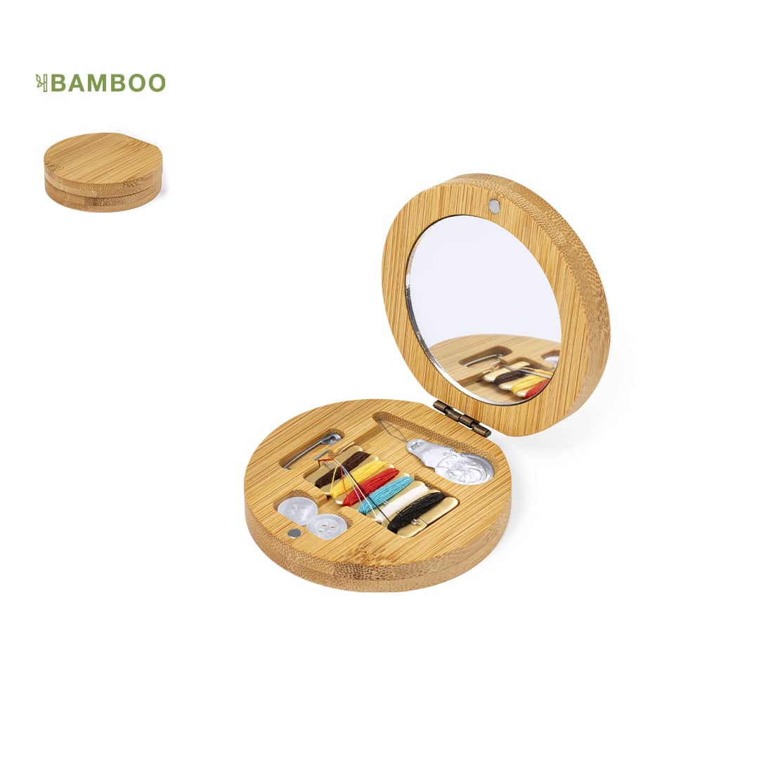 A bamboo sewing kit featuring a mirror, spools of thread in various colours, and sewing accessories. Atriax Sewing Kit - Image 1