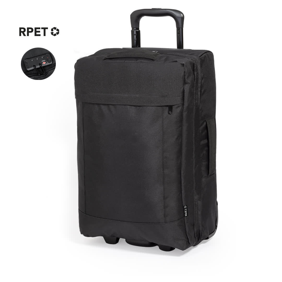 A black wheeled bag featuring a retractable handle and front pocket, with a logo displayed on the side. Chertan Trolley - Image 1