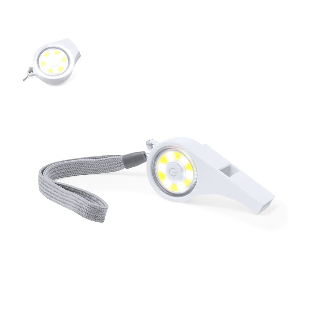 A white whistle with a torch feature, attached to a grey lanyard. It has a circular design with a logo. Pincher Whistle - Image 1