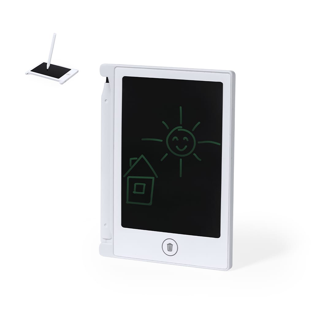 An LCD writing tablet in white, featuring a black screen with a green drawing of a sun and house. Includes a stylus. Arraky LCD Writing Tablet - Image 1