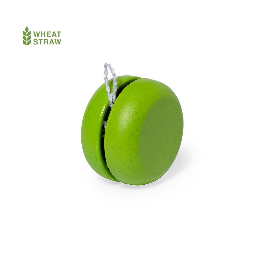 A green yoyo made from wheat straw with a white string, featuring a branding logo. Dopey Yoyo - Image 1
