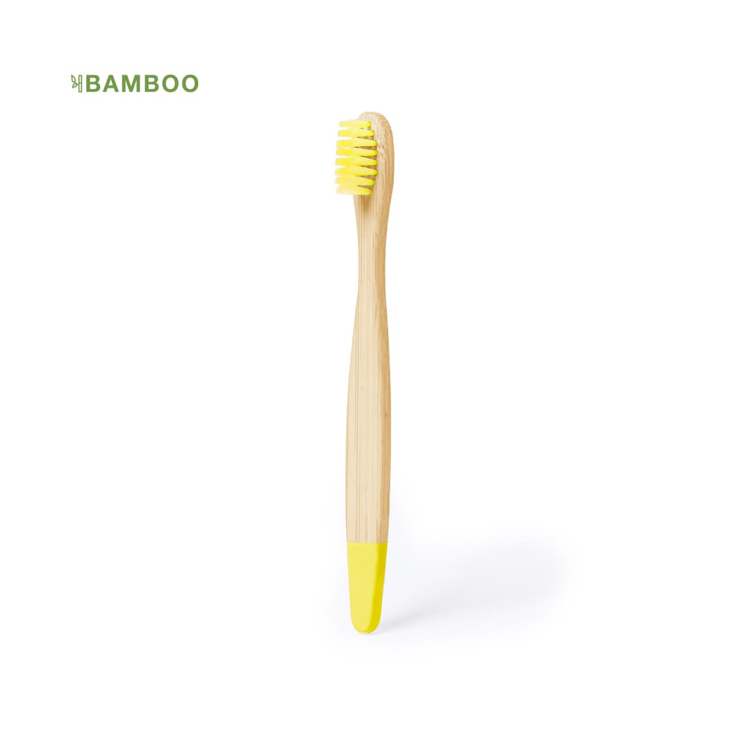 A bamboo toothbrush with a yellow tip and green bristles, featuring a simple design and a logo. Becu Toothbrush - Image 1