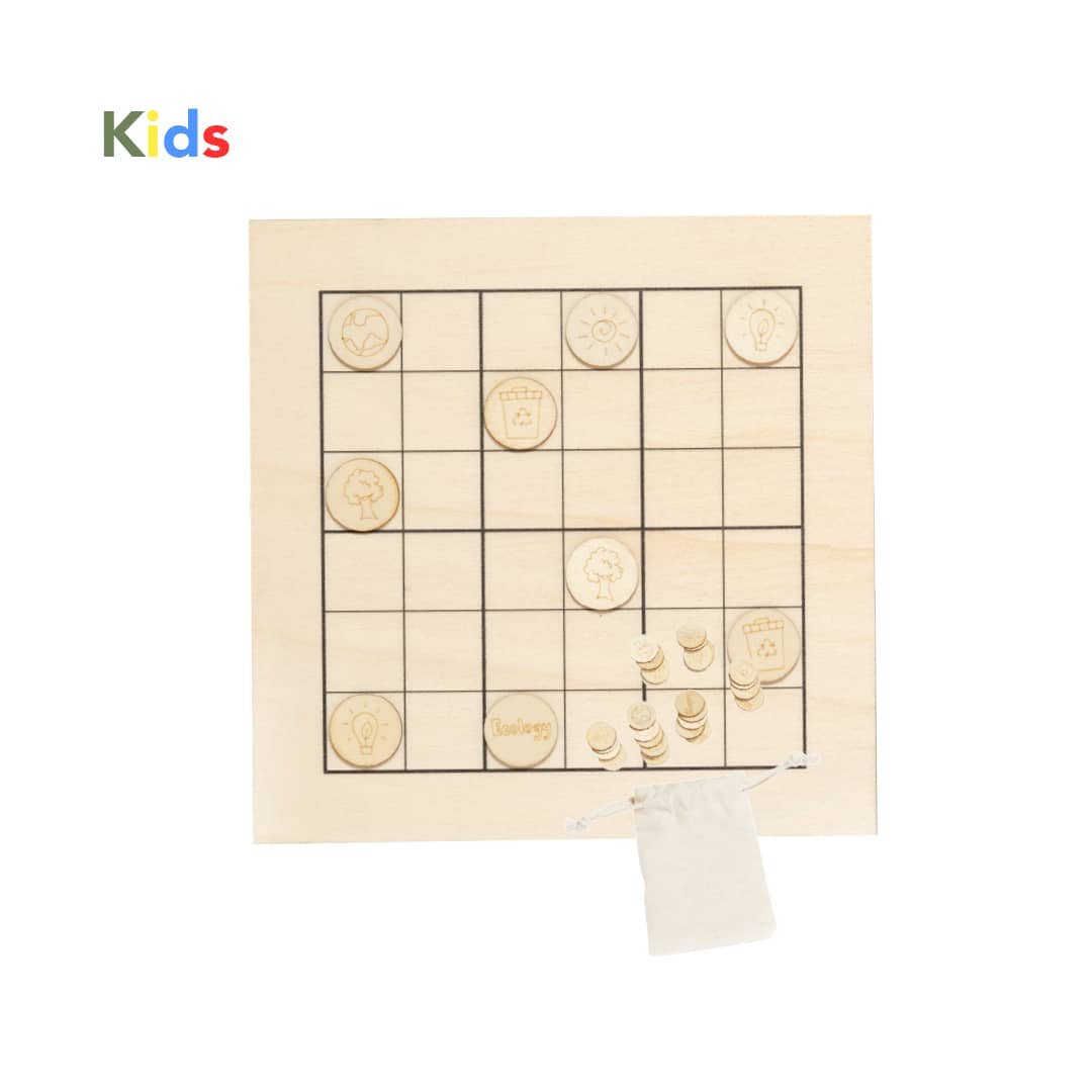 A wooden Sudoku-like game board featuring engraved icons, complete with a drawstring pouch for pieces. Sudokids Skill Game - Image 1