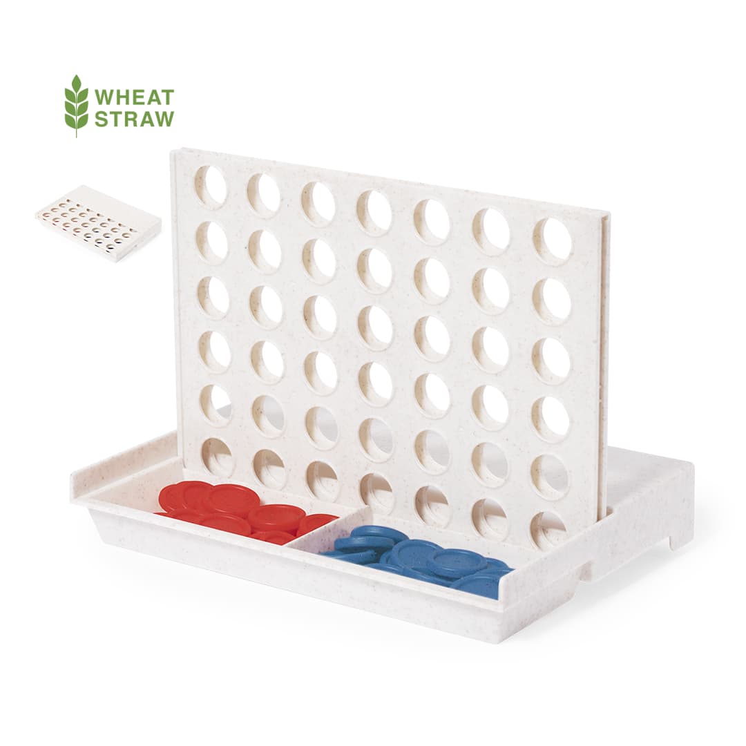 A Connect 4 game made from wheat straw featuring a white frame with red and blue playing pieces. Cissex Game - Image 1
