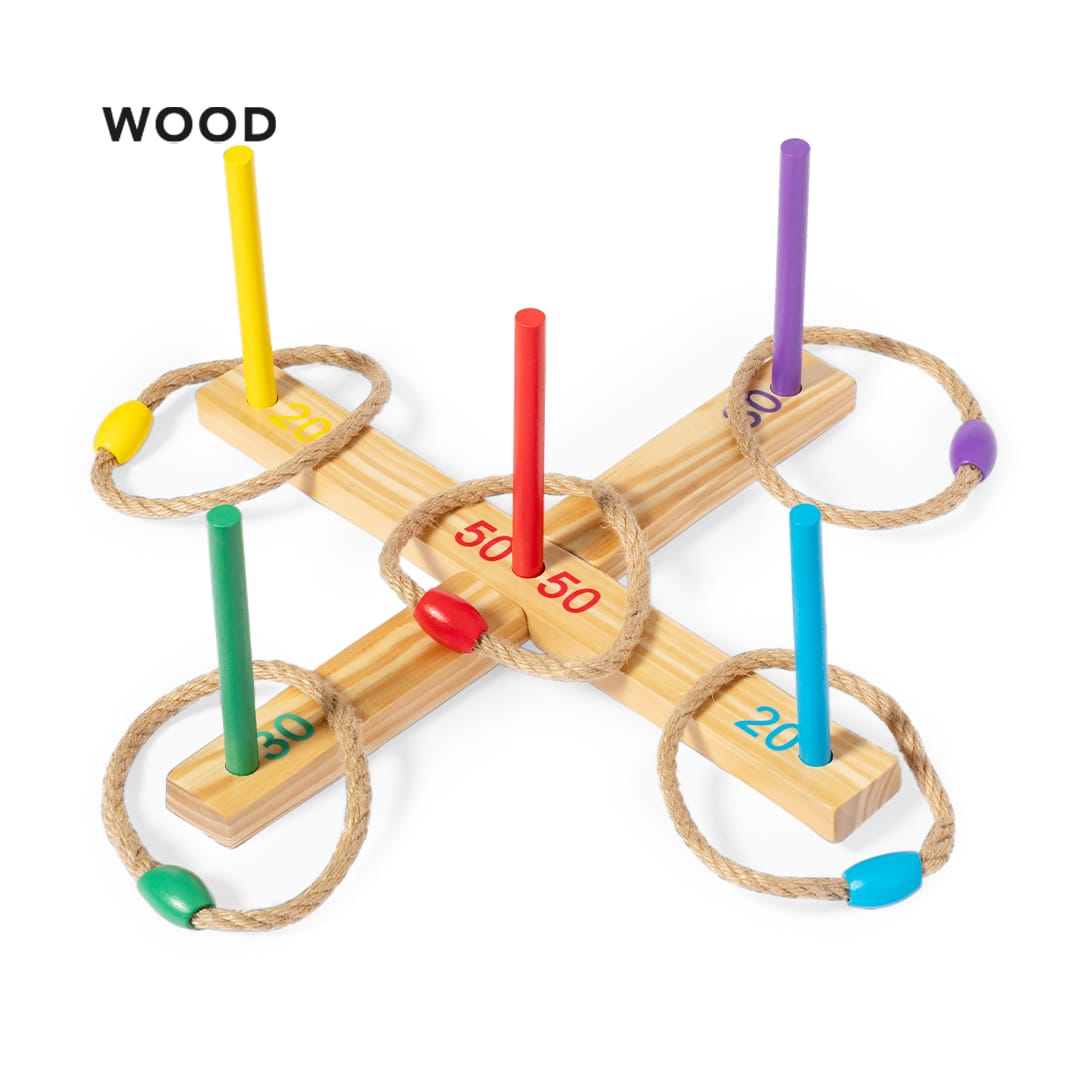 A wooden ring throw game with coloured poles and rope rings in green, purple, red, and yellow. Madis Game - Image 1