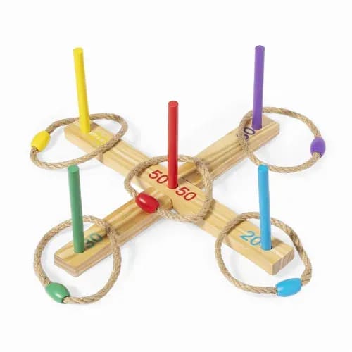 A ring toss game featuring a wooden base with five pegs in yellow, red, green, purple, and associated rings. Madis - Image 1