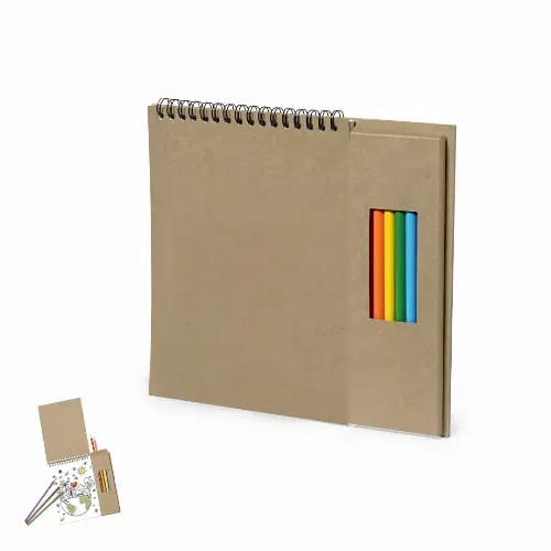 A spiral-bound notebook with a kraft cover and a side pocket containing colourful pens. Mertens - Image 1
