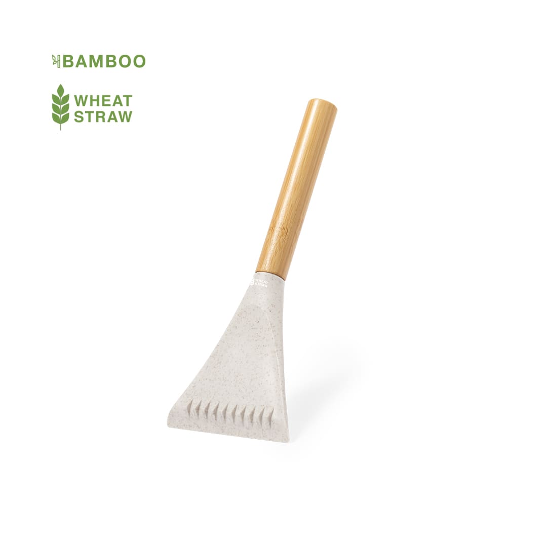 A wheat straw ice scraper with a bamboo handle, featuring a grey scraping head and a triangular shape. Nigex Ice Scraper - Image 1