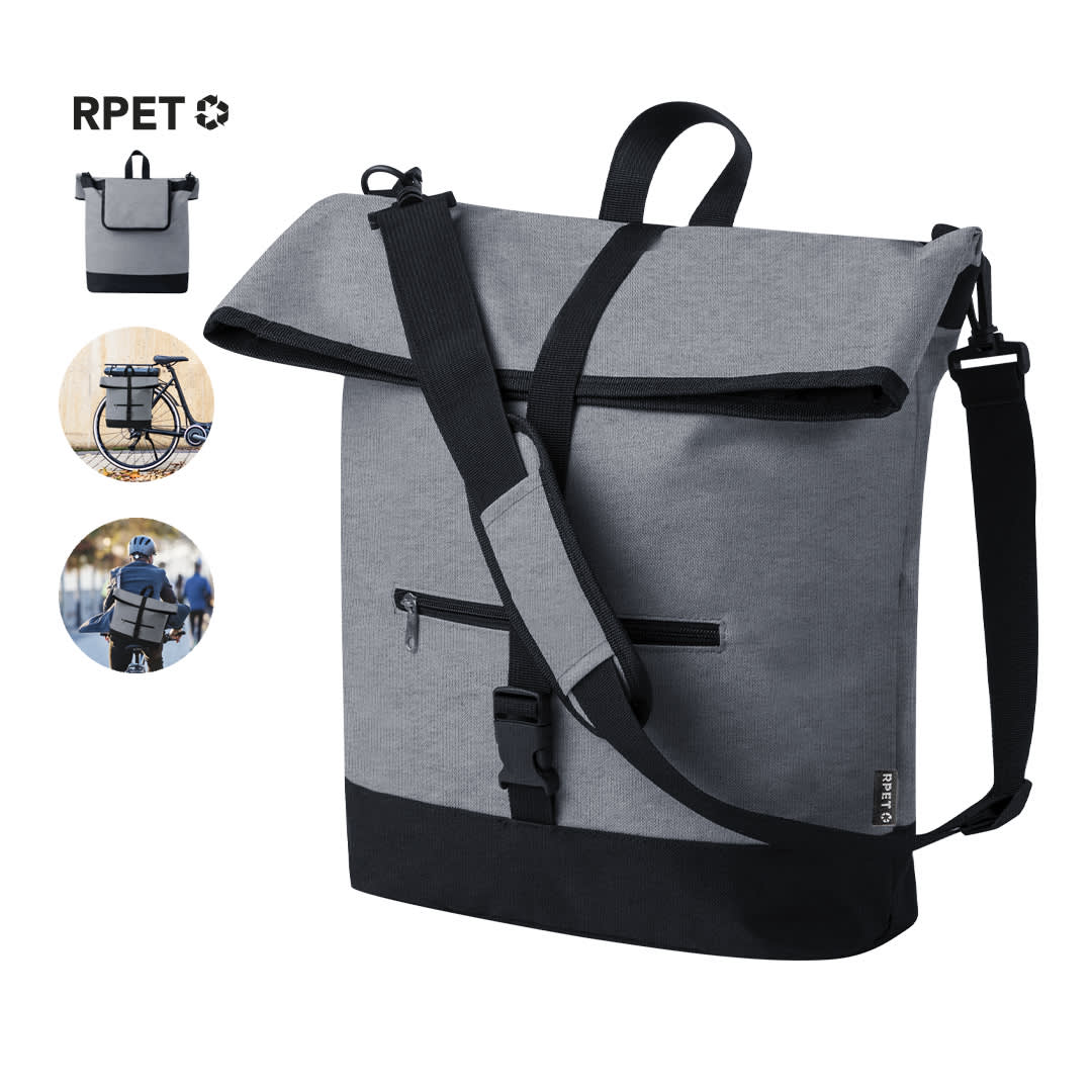 A grey and black bike bag with a fold-over flap and adjustable strap, featuring a logo and multiple compartments. Hulken Bike Bag - Image 1