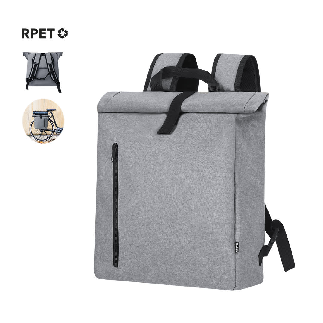 A grey backpack with a roll-top closure, featuring adjustable straps and a front zip pocket. It has a logo on the side. Hoblak Bike Backpack - Image 1