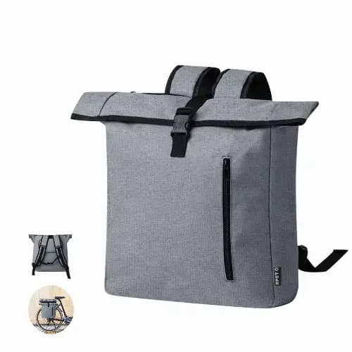 A grey backpack with a roll-top design, featuring adjustable straps and a front zip pocket. It has a logo on the side. Hoblak - Image 1
