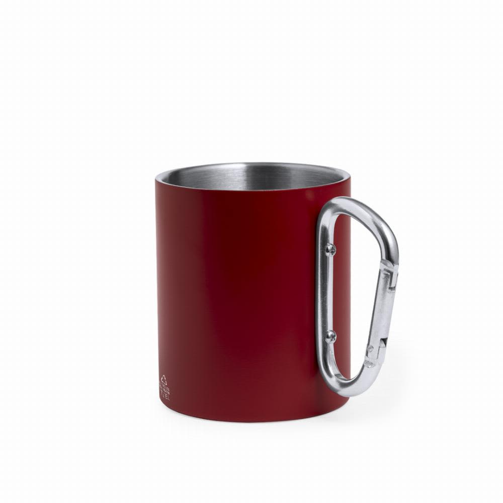 A red drink mug with a stainless steel interior and a silver carabiner-style handle. It has a logo on the side. Lecrer - Image 1