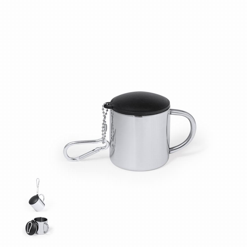 A drink bottle in a stainless steel finish with a black lid and a chain for attachment. It features a handle. Melbour - Image 1
